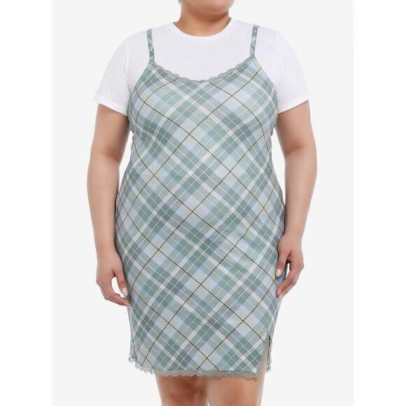 Teal Plaid Twofer Dress Plus Size 1 - Picture 1 of 8